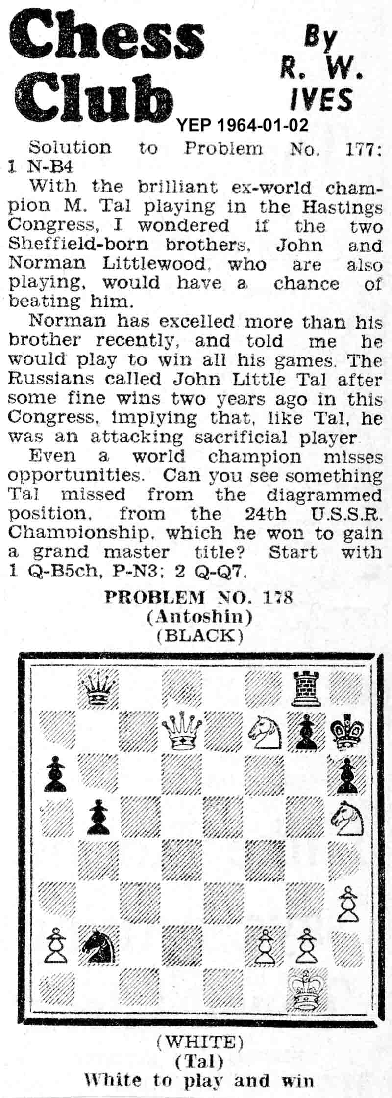 2 January 1964, Yorkshire Evening Post, chess column