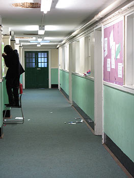 The Gym Block corridor in 2009: almost as dismal as in 1965! Not sure what the lad on the left is doing but I think it was legitimate...