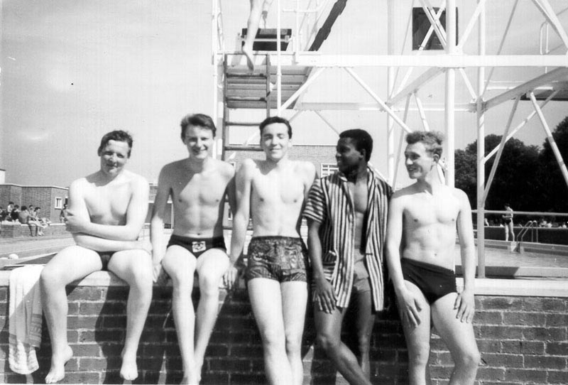 Tylers Wood gang at High Wycombe swimming pool 1960. Left to right: ?, Dave 'Goose' Walker, Mick Walker, Michael Abii, Tony Wood.